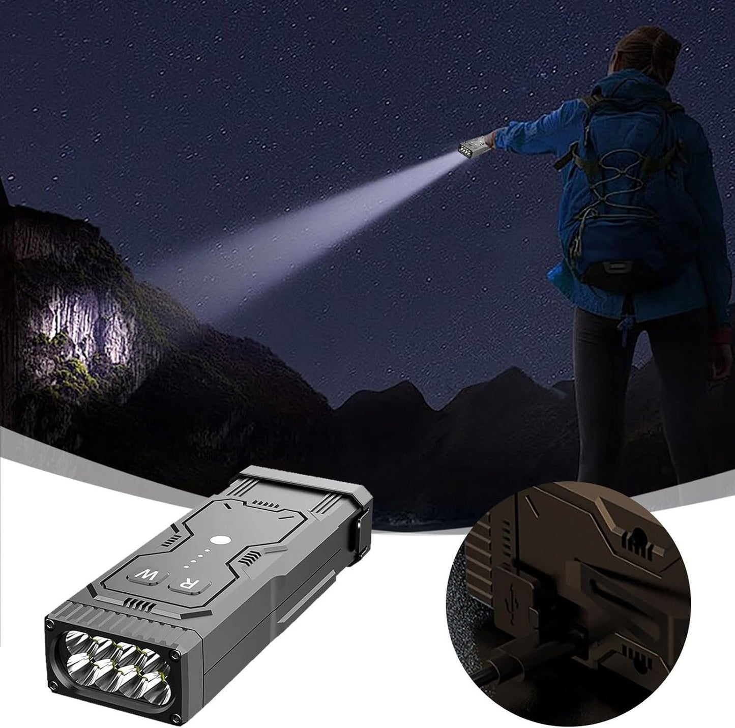 Multi Function Rechargeable Self-Defense LED Flashlight with Arc Lighter Hidden Camera Detectors Portable Self Protective Tactical Flashlight for Travel Camping Emergency Gifts for Men and Women