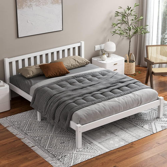 ALFORDSON Bed Frame Double Wooden Bed Base with Solid Wood Pine Timber Slats, Mattress Base Platform Support, White Bed Foundation with Storage Space, Fenella Series Home Bedroom Furniture