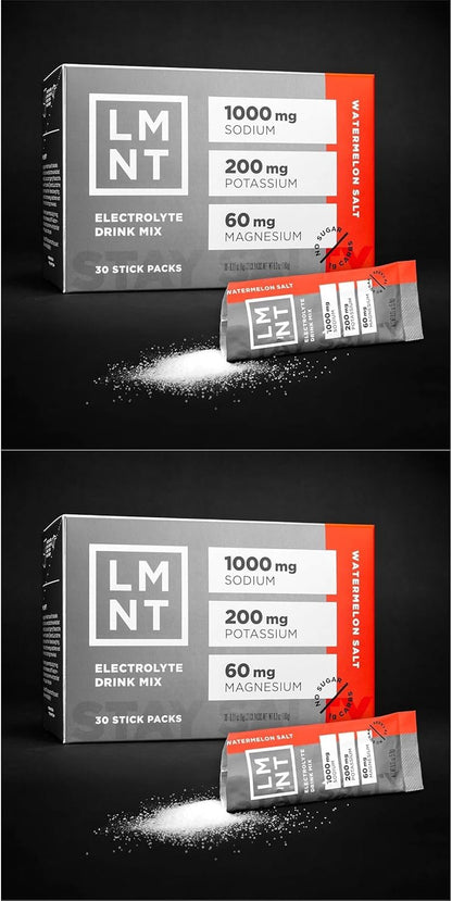 LMNT Zero Sugar Electrolytes - Watermelon Salt | Drink Mix | 30-Count, Pack of 2 (60 Sticks)
