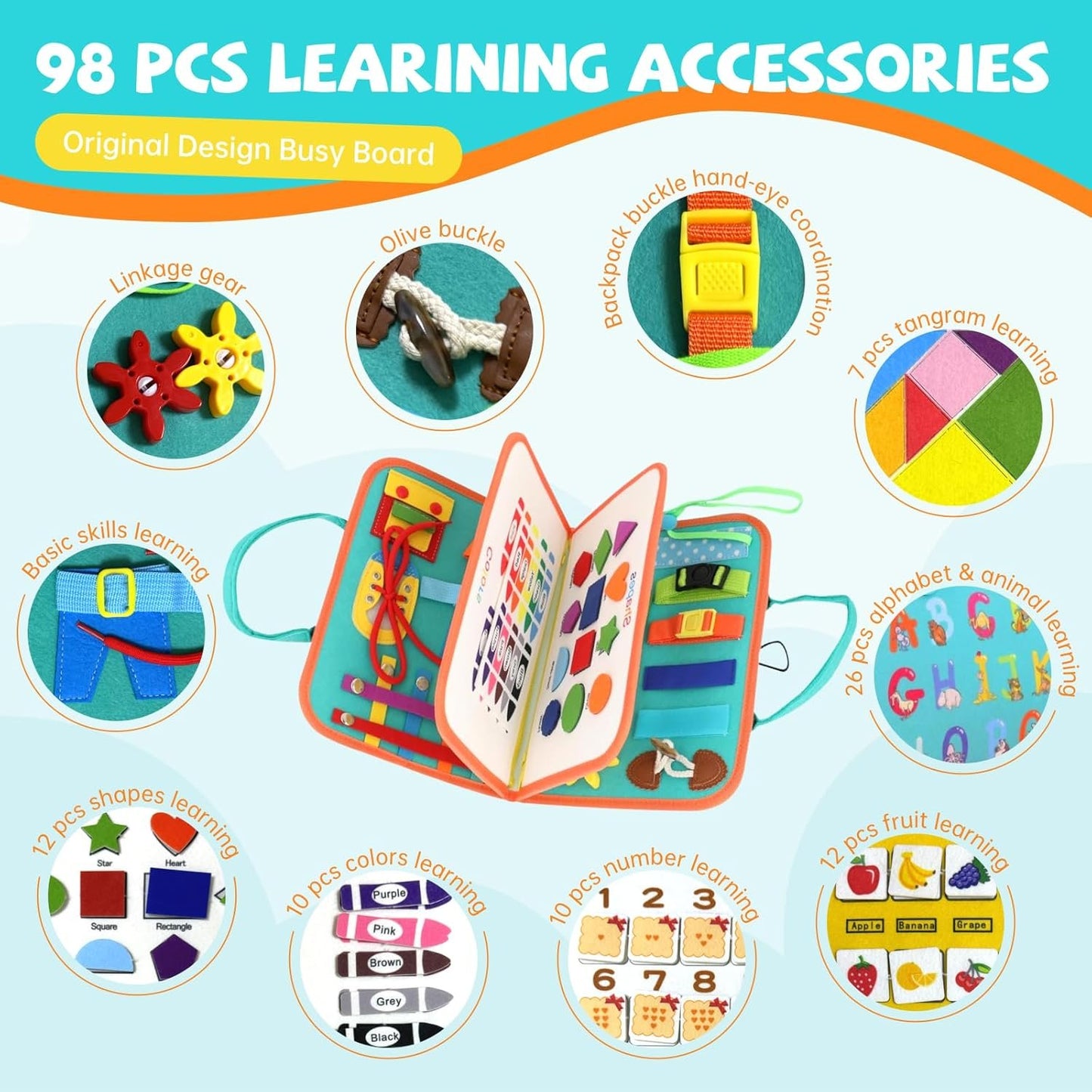 Montessori Activity Busy Book for Toddler - 1 2 3 4 5 Years Old Activity Busy Board Toy, Sensory Board Toy Educational Activities for Fine Motor Skills Learning, Travel Toys for Airplane Car Christmas