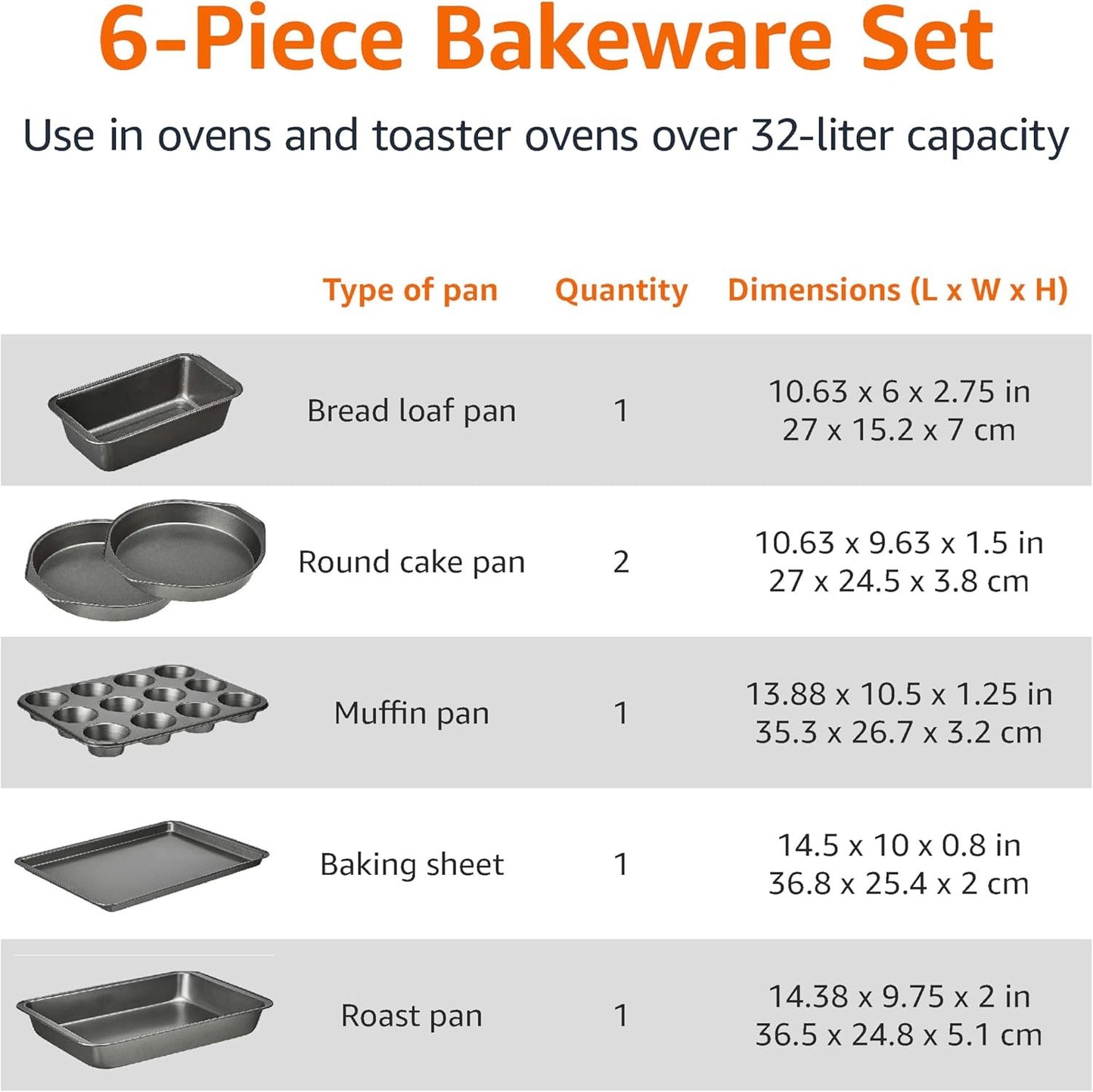 Amazon Basics 6 Piece Nonstick, Carbon Steel Oven Safe Bakeware Set 41.3 x 29.8 x 15.9 cm