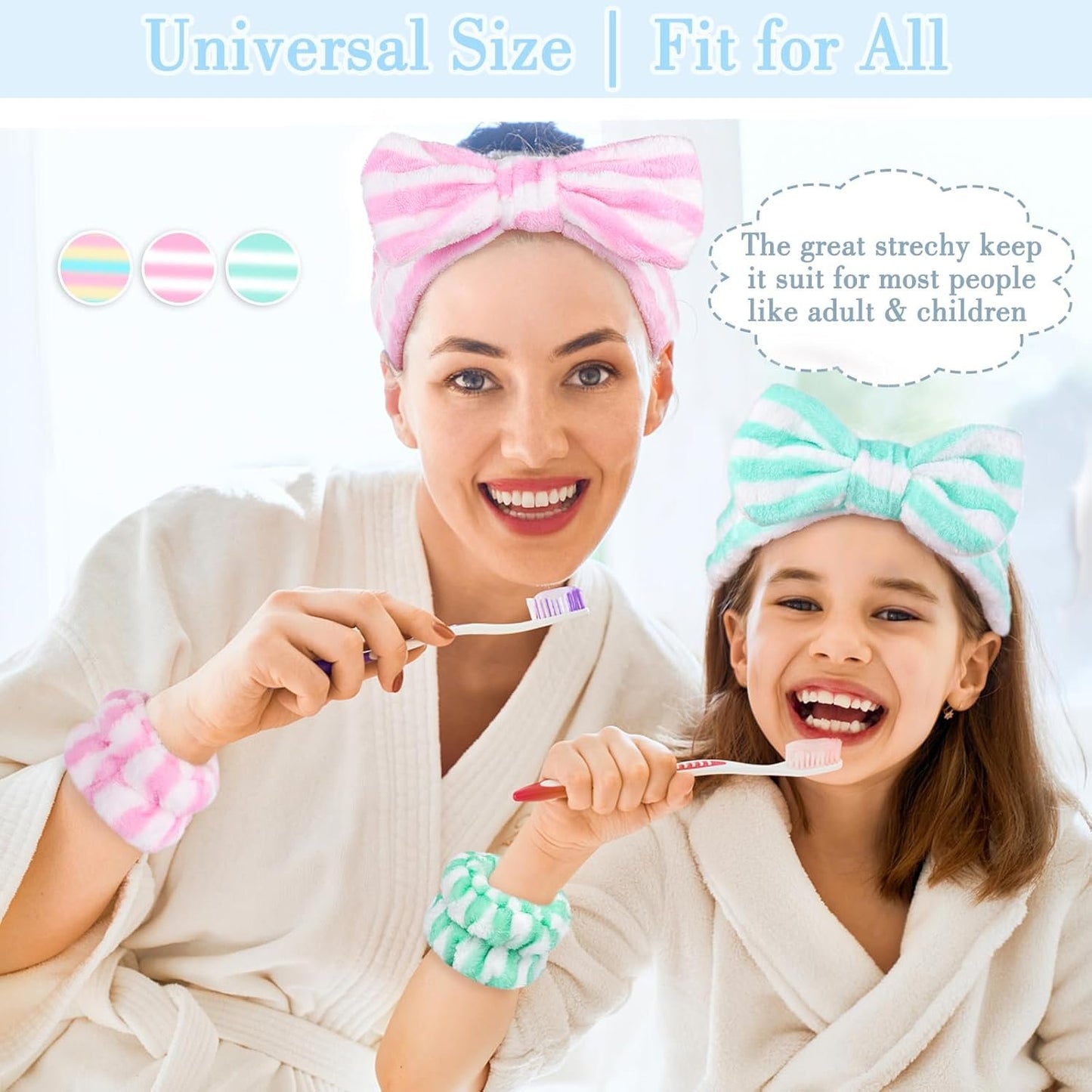 9PCS Spa Headband Kit for Women & Girls: Bowknot Makeup Headbands with Wristbands for Face Skincare, Bathing, Yoga (Pink, Blue, White)