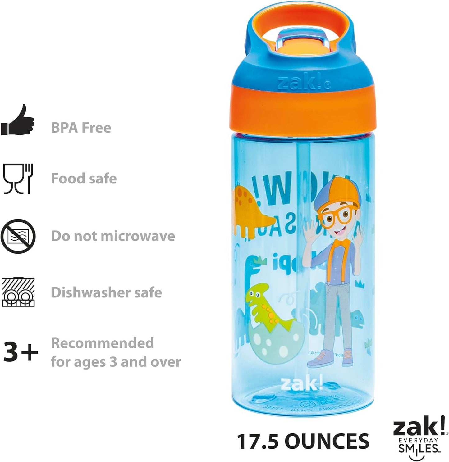 Zak Designs Blippi Kids Water Bottle with Spout Cover and Built-in Carrying Loop, Made of Durable Plastic, Leak-Proof Water Bottle Design for Travel (17.5 oz, Pack of 2)