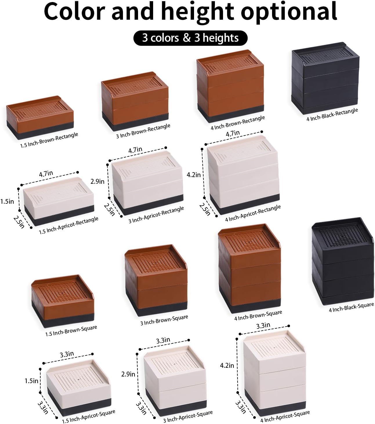 LUCKYQTQH Bed Risers Adjustable Furniture Risers Heavy Duty，Rectangle Bed Risers 3 Inches，Desk Risers for Sofa Couch Bed Frame ，Supports Up to 3000 lbs (4 Piece Set)