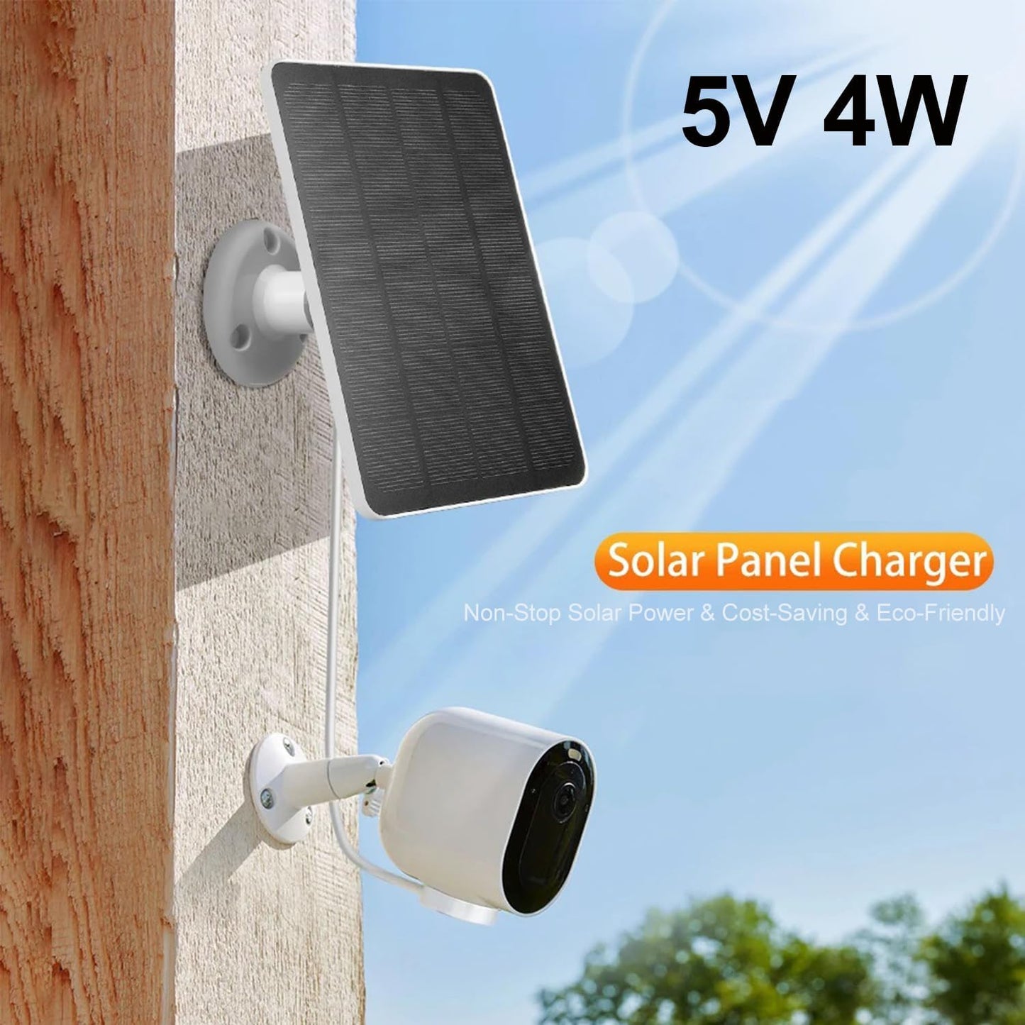 Mozzoom Solar Panel for Security Camera, 4W 5V Solar Panel with USB C Micro USB Port, Portable Solar Panel with IP65 Waterproof for Rechargeable Battery Powered Outdoor Camera (1 Pack)