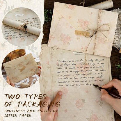 LELE LIFE Vintage Floral Stationary Paper and Envelopes Set, 4 Styles Aged Antique Lined Stationery Sets for Letter Writing Kit, 150GSM Thick Double Sided Old Paper,Style A
