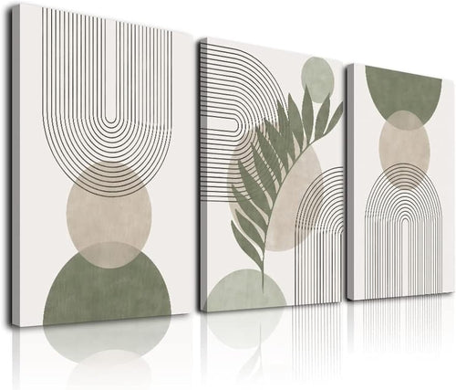 KBKBART Sage Green Boho Wall Art Set of 3, Minimalist Framed Wall Art Geometric Line Leaf Sun Moon Beige Green Canvas Artwork Paintings, Abstract Botanical Boho Room Decor, Sage Green, 12''x16''