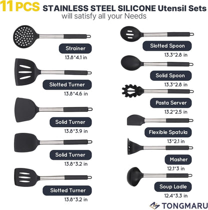 TONGMARU 11 PCS Silicone Kitchen Cooking Utensils Set with Stainless Steel Handle, Spatula Set, Cooking Utensil Set, Kitchen Tools Gadgets for Nonstick Cookware, BPA FREE, 446°F Resistant (Black)