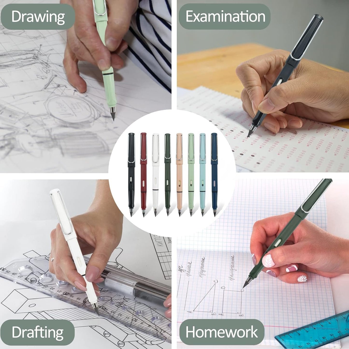 HTDYK 8pcs Infinity Pencil, Cute Everlasting Inkless Pencil with 8pcs Replacement Nibs, Sustainable Reusable Erasable Lapiz Infinito, Infinite Pen Stationery for Kids Student Worker Writing Drawing