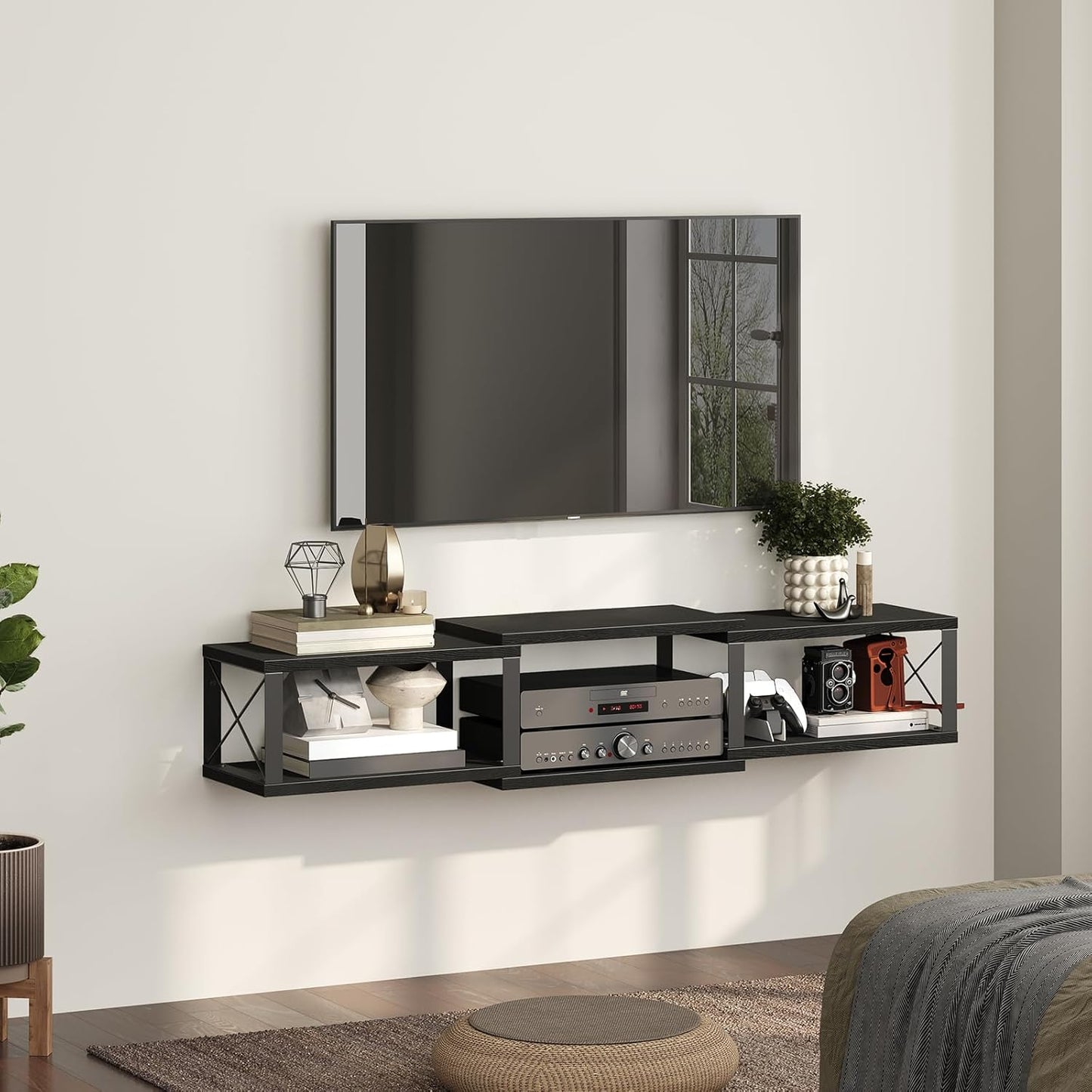 MAHANCRIS ATVHB10101 Floating Wall TV Unit Multimedia Console with Shelves, Floating Entertainment Center for Living Room, Bedroom, Office, Black