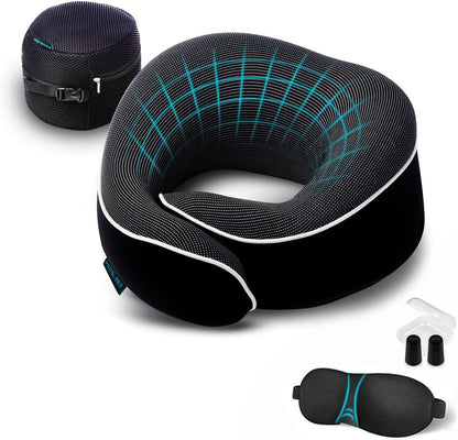 Proglobe Orthopedic Neck Pillow Travel Neck Pillows for Airplanes, Memory Foam Kit, Updated Resting Material, Airplane Travel Set with 3D Contoured Eye Masks, Earplugs, and Luxury Mesh Bag (Black)