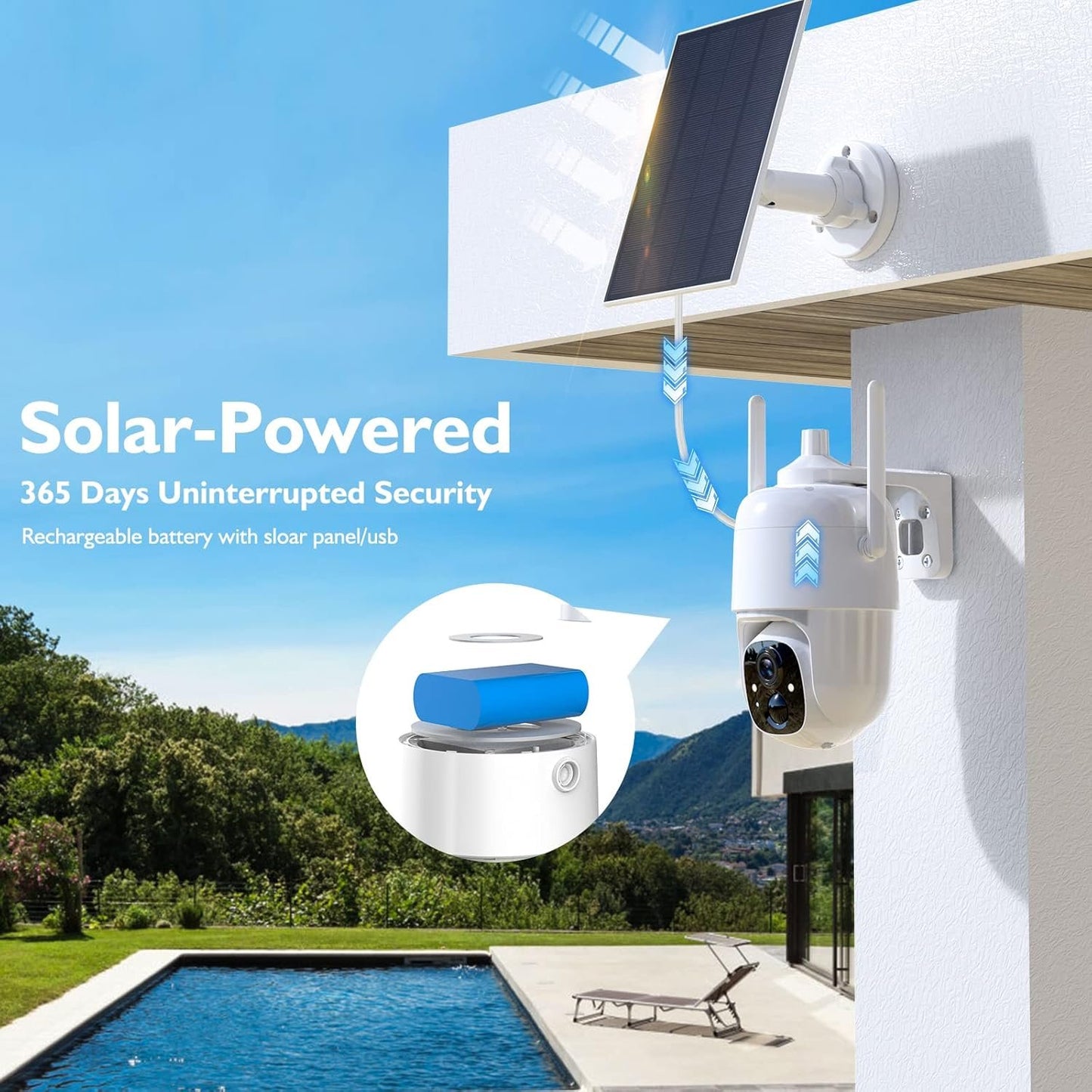 Solar Security Cameras Wireless Outdoor, 2K 3MP Pan Tilt 355° View IP65 Waterproof Rechargeable Battery Powered PTZ WiFi Camera with PIR, Color Night Vision,2-Way Talk,Cloud/SD