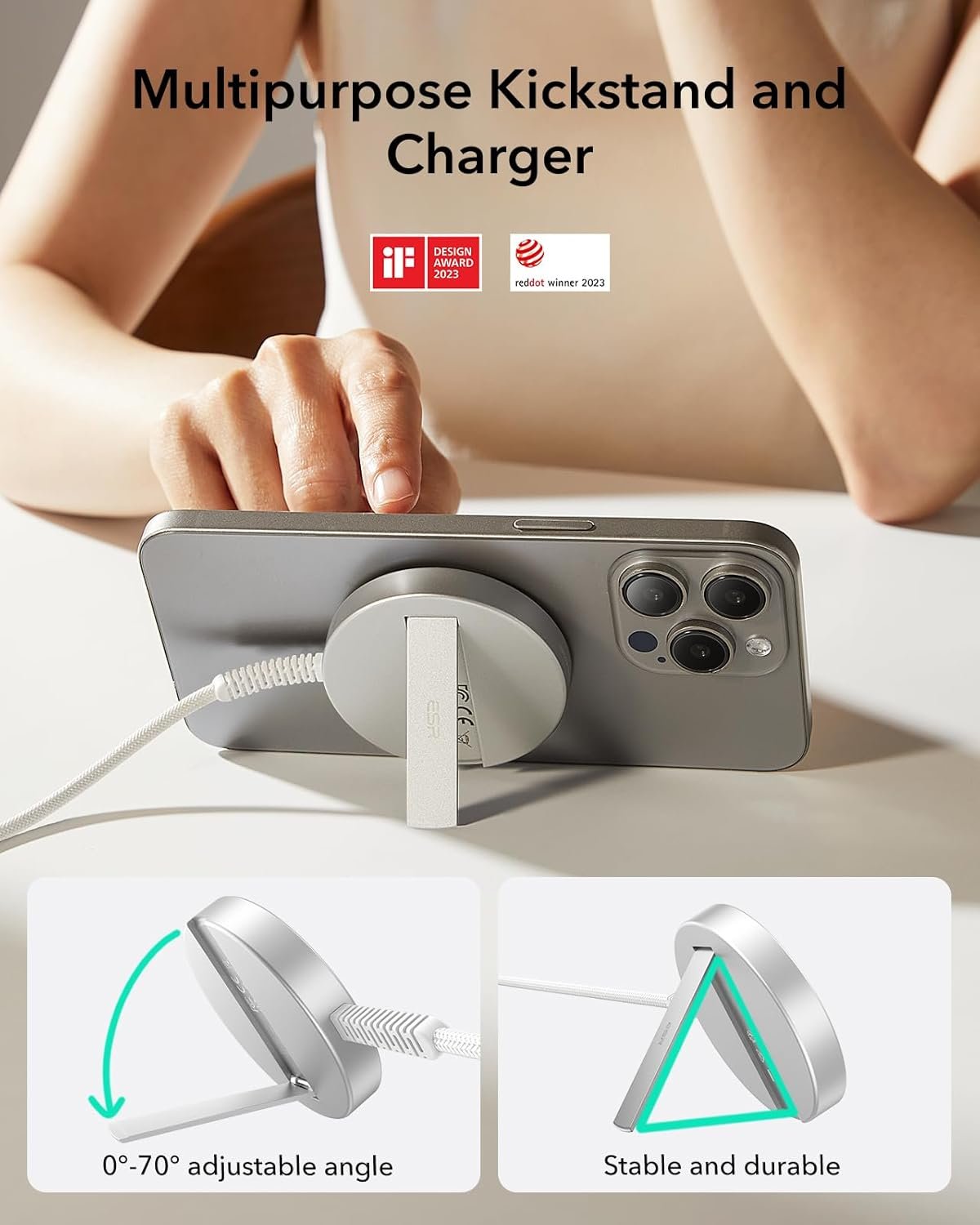 ESR HaloLock Qi2 Wireless Charger with Kickstand, Qi2 15W MagSafe iPhone Charger, Wireless Charging Pad for iPhone 16/15/14/13/12 Series, AirPods Pro, Strong Magnetic Charging with Type-C Cable, White