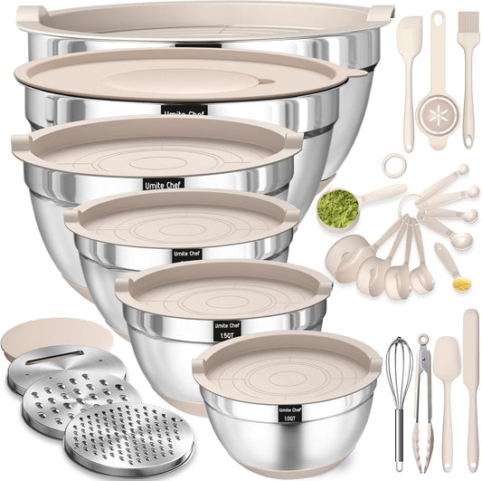 Umite Chef Mixing Bowls with Airtight Lids Set, 26PCS Stainless Steel Khaki Grater Attachments, Non-Slip Bottoms & Kitchen Gadgets Size 7, 4, 2.5, 2.0,1.5, 1QT, Great for Serving