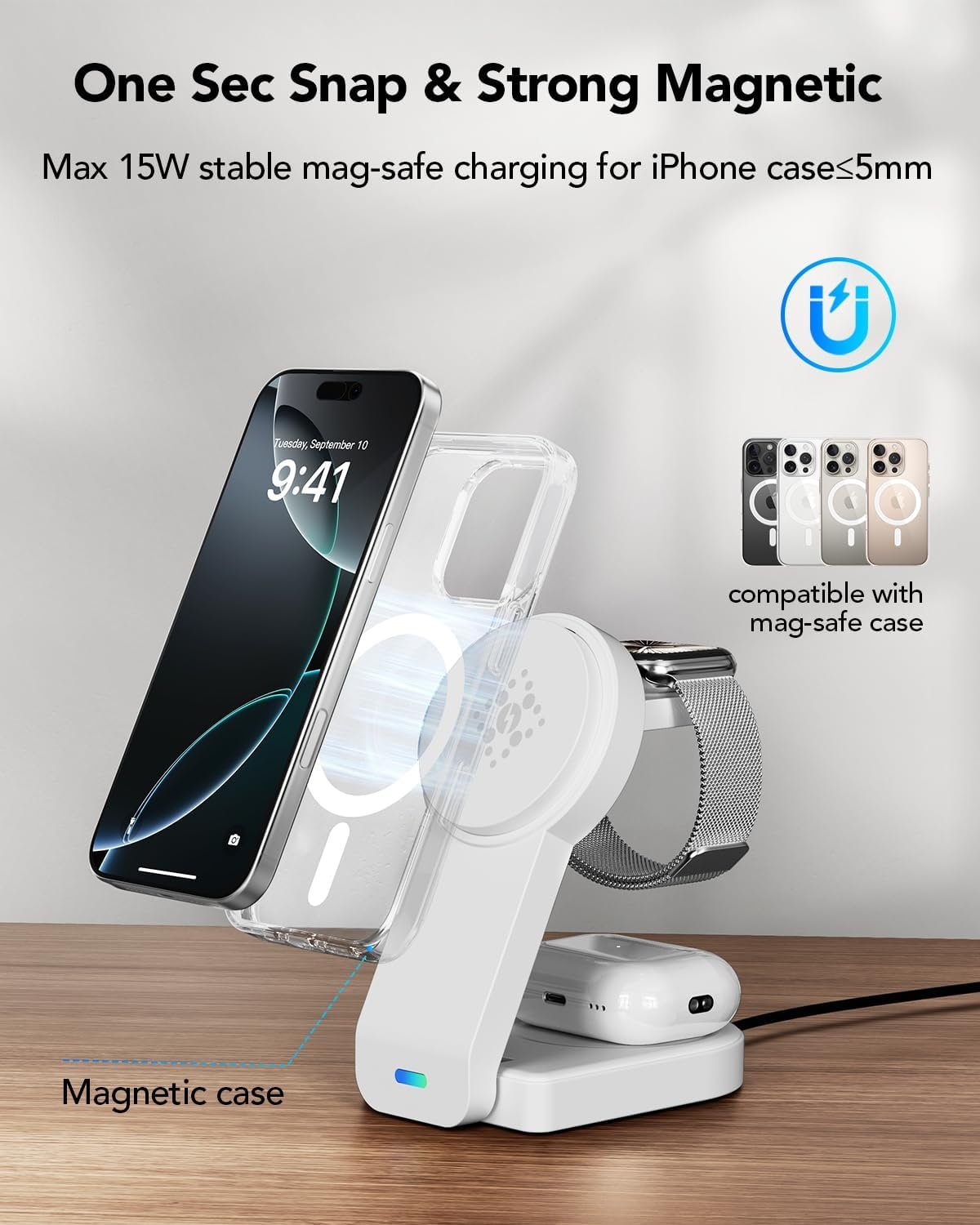 Foldable Magnetic Wireless Charger Compatible with Apple Devices,3 in 1 Wireless Charging Station for iPhone 16/15/14/13,Apple Watch Ultra 2/Ultra/Seires 10/9/8/7/6/5/4/SE,Air-Pods 4/3/Pro/2 (White)