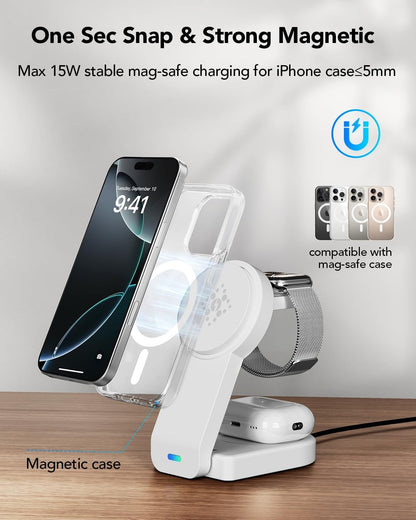 Foldable Magnetic Wireless Charger Compatible with Apple Devices,3 in 1 Wireless Charging Station for iPhone 16/15/14/13,Apple Watch Ultra 2/Ultra/Seires 10/9/8/7/6/5/4/SE,Air-Pods 4/3/Pro/2 (White)