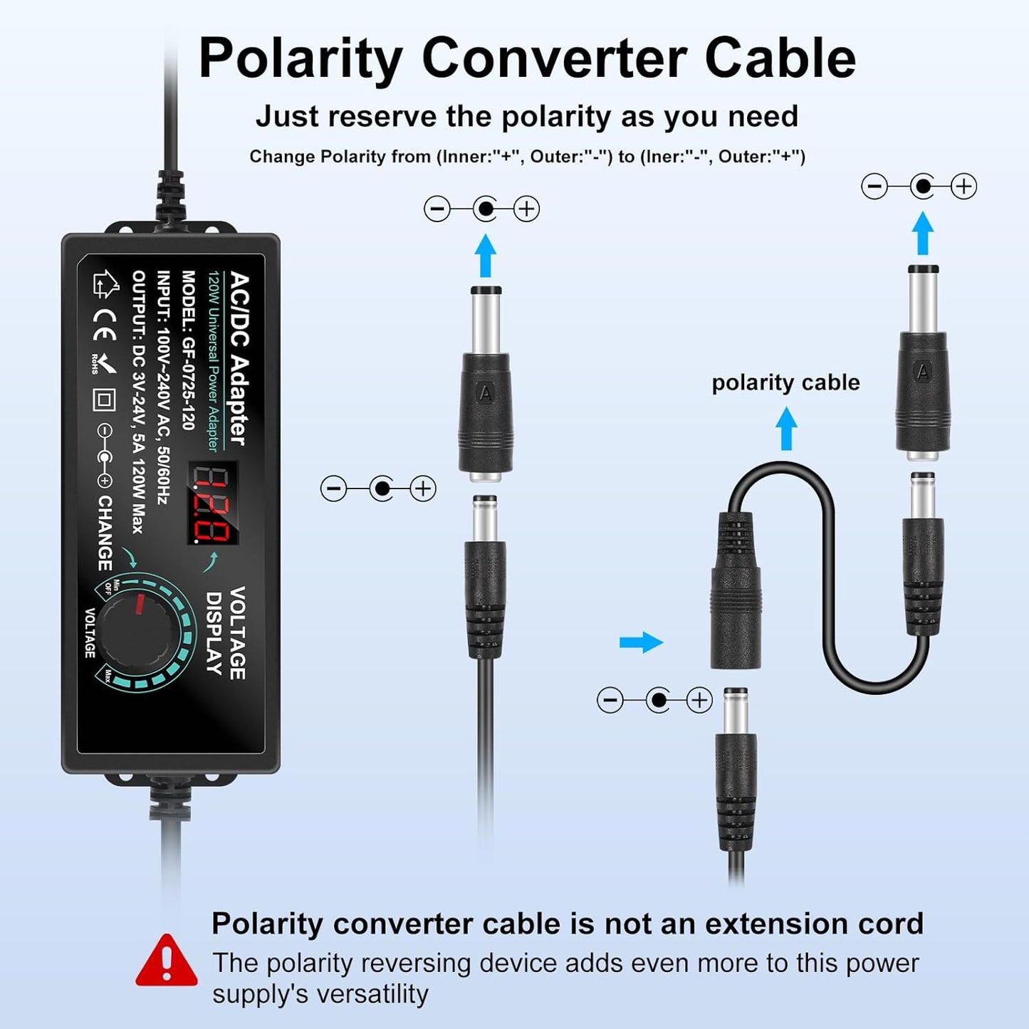 Carastek Adjustable Power Adapter 3V-24V 5A 120W with Digital Display Universal AC/DC 100V-240V AC to DC Adapter with 14 Tips and Polarity Converter for Home Electronics