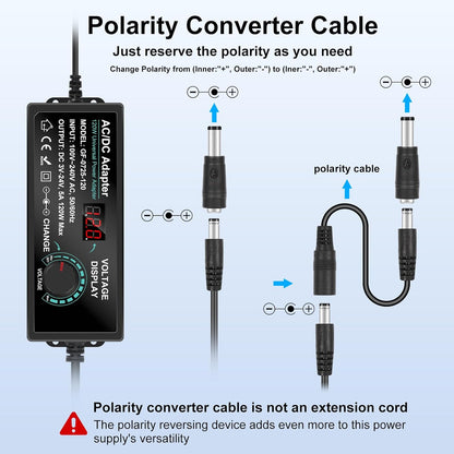 Carastek Adjustable Power Adapter 3V-24V 5A 120W with Digital Display Universal AC/DC 100V-240V AC to DC Adapter with 14 Tips and Polarity Converter for Home Electronics