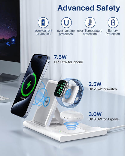 EXW Wireless Charging Station, 3 in 1 Charging Station for Apple Devices, Wireless Charger for iPhone 16 15 14 13 12 11 Pro & Max Series, AirPods Pro/4/3/2, Apple Watch (White)