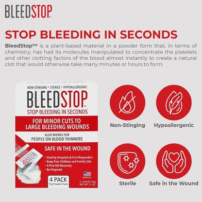 BleedStop First Aid Powder for Blood Clotting, Trauma Kit, Blood Thinner Patients, Camping Safety, and Survival Equipment for Moderate to Severe Bleeding Wounds or Nosebleeds (Double 4 Pack 15g)