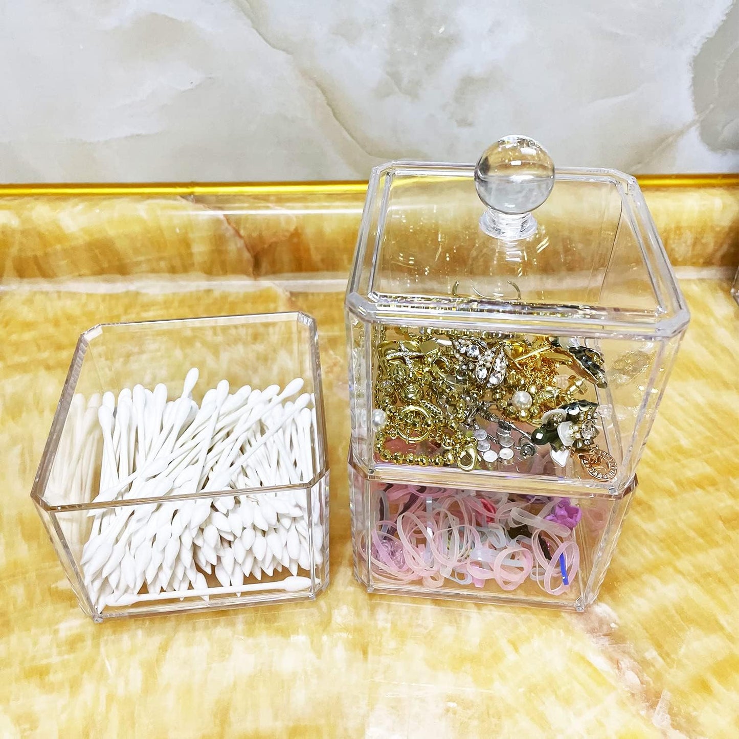 ZEQIDOU Hair Accessories Organizer, Tie Organizer for Girls, Acrylic Accessory Holder, Ponytail and Scrunchie Storage Container, Clear 3 Stackable Holder With Lids for Organizing