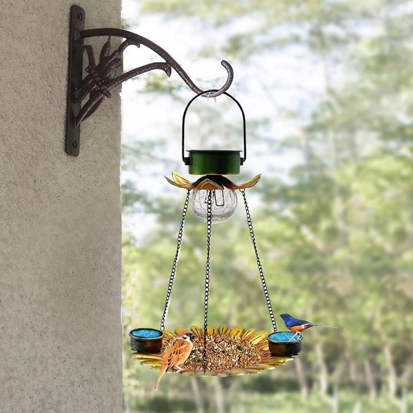 Mangiatoia per uccelli a energia solare, 2 in 1, in metallo, per esterni, decorazione da giardino, resistente alle intemperie, per bere e mangiare animali domestici