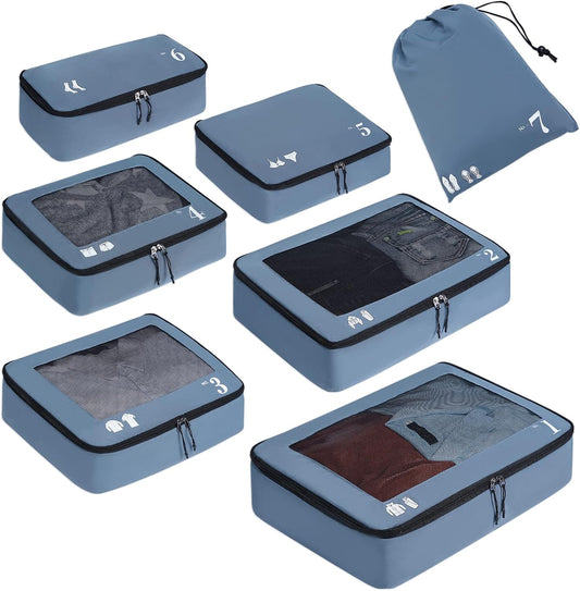 ECOHUB Packing Cubes for Suitcase 7 PCS Travel Organiser Packing Bags Recycled PET Eco Friendly Travel Accessories Shoes Bags for Travel Storage Bag Luggage Organiser Bags Travel Pouch(Blue)