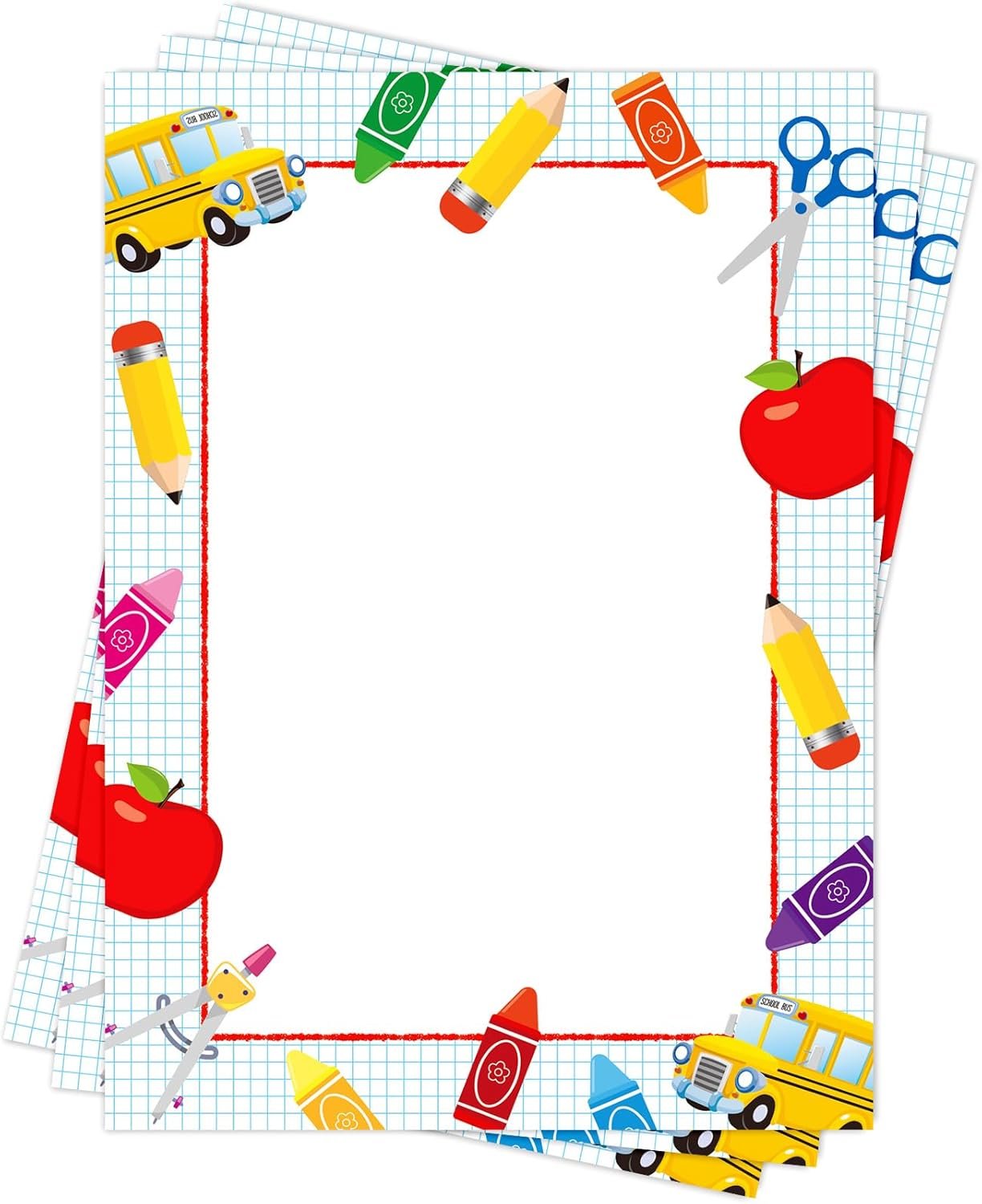 Whaline 120Pcs Back to School Stuff Letterhead Paper Apples Bus Pattern Border Stationery Paper Computer Printing Writing Letters for First Day of School Classroom Supplies, 8.5 x 10.6 Inch