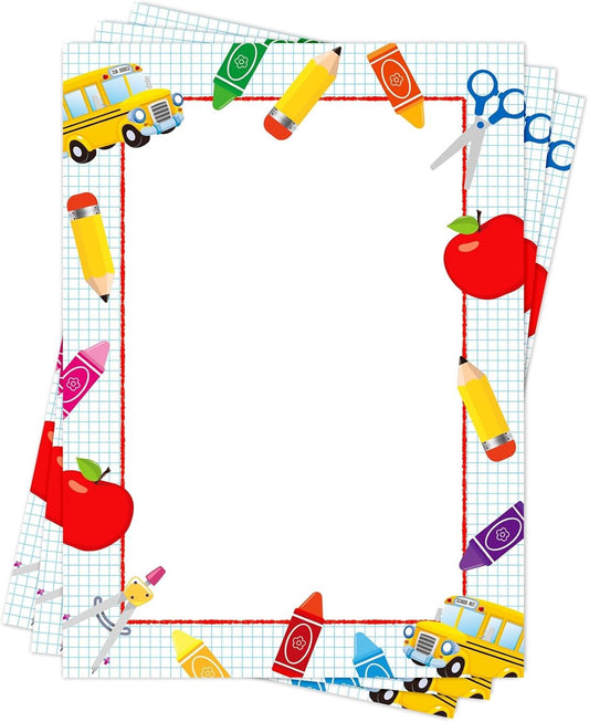 Whaline 120Pcs Back to School Stuff Letterhead Paper Apples Bus Pattern Border Stationery Paper Computer Printing Writing Letters for First Day of School Classroom Supplies, 8.5 x 10.6 Inch