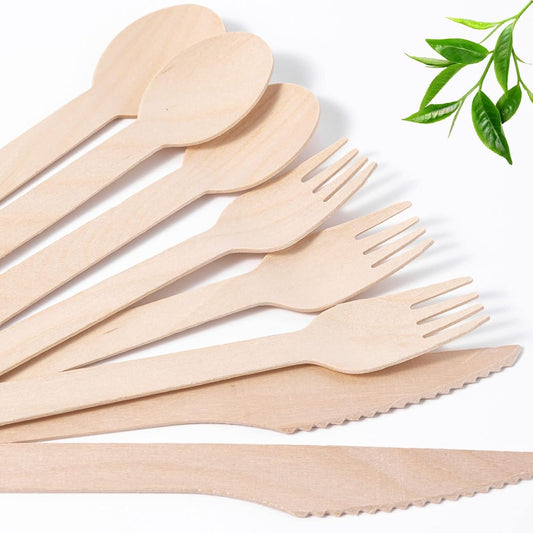 Eidsefe Disposable Wooden Utensils Set 300PCS (100 Forks 100 Spoons 100 Knives) Eco-Friendly Biodegradable Natural Wooden Cutlery Set Alternative to Plastic Cutlery