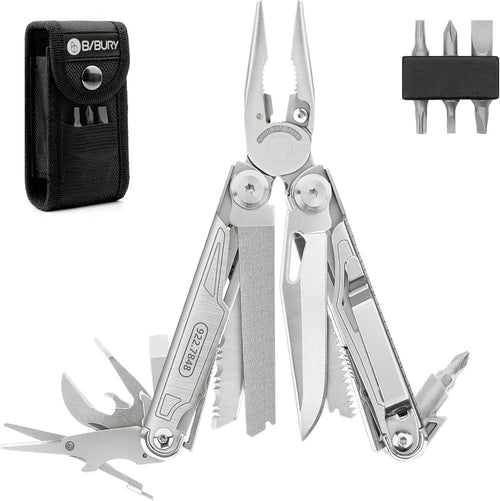 BIBURY Multitool Pliers,19-in-1 Pocket Multi-Tool w/Screwdriver Sleeve,Wire Cutters, Spring-Action Scissors & Nylon Sheath, Stainless Steel Multi-Plier for Survival, Camping, Hunting,Fishing & Hiking