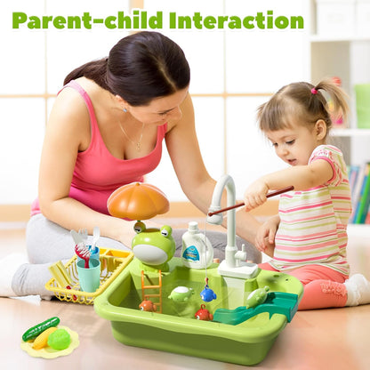 CUTE STONE Play Sink with Running Water, Kitchen Sink Toys with Upgraded Electric Faucet, Play Kitchen Toy Accessories, Pool Floating Fishing Toys for Water Play, Kids Role Play Dishwasher Toy