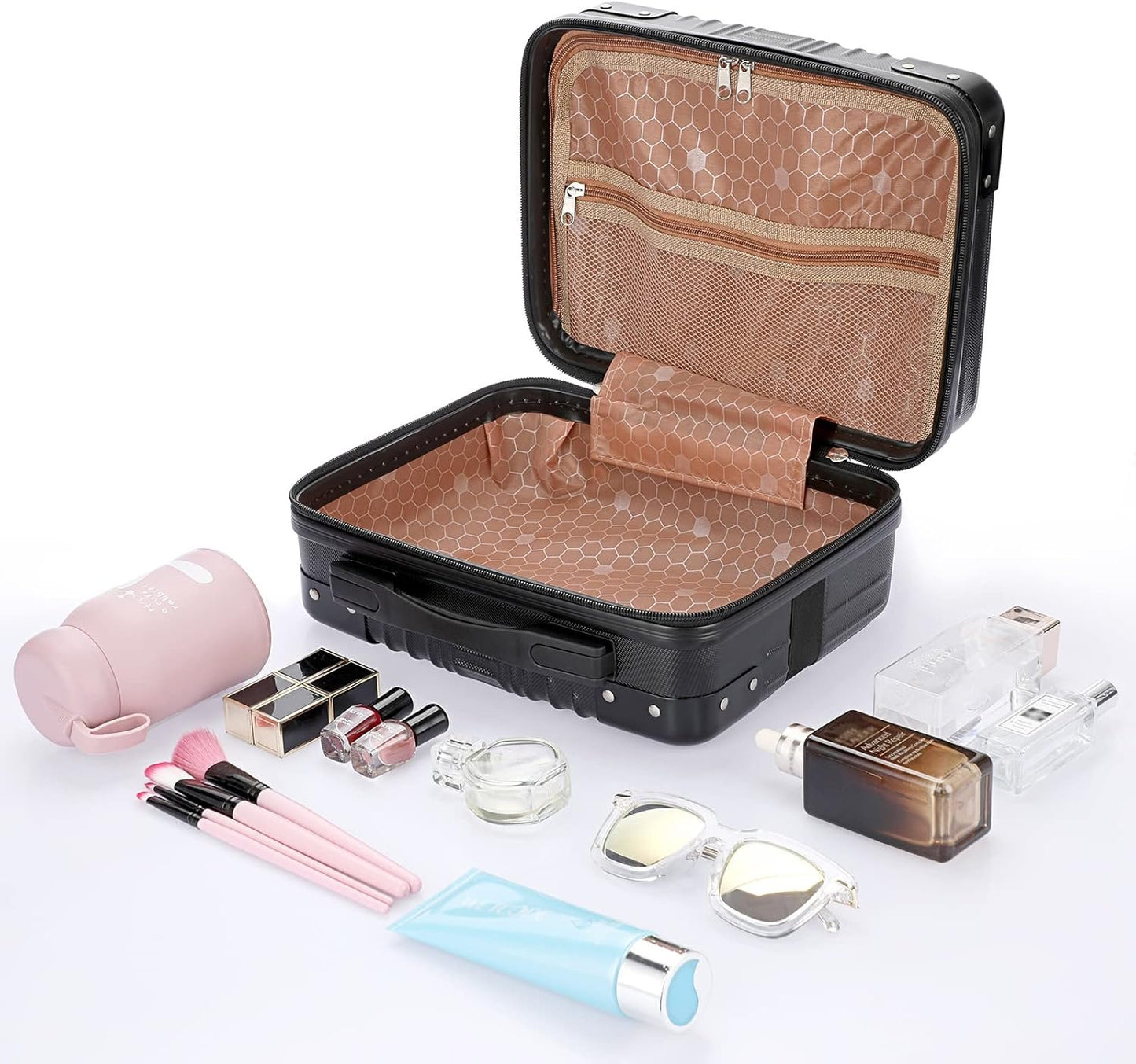 BSTKEY Portable Hard Shell Cosmetic Travel Case, Small Travel Hand Luggage with Elastic Band, Mini ABS Carrying Makeup Case Suitcase, Black