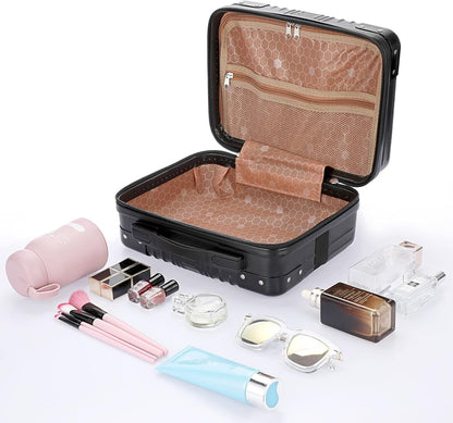 BSTKEY Portable Hard Shell Cosmetic Travel Case, Small Travel Hand Luggage with Elastic Band, Mini ABS Carrying Makeup Case Suitcase, Black