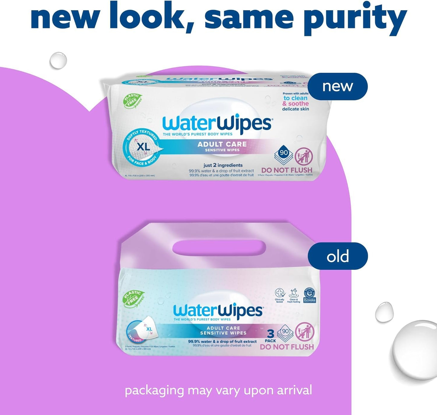 WaterWipes Adult Care Sensitive Body & Intimate Hygiene Wipes, 90 Wipes (3 Packs), Extra Large Textured, 99.9% Water-Based, For Everyday Personal Uses