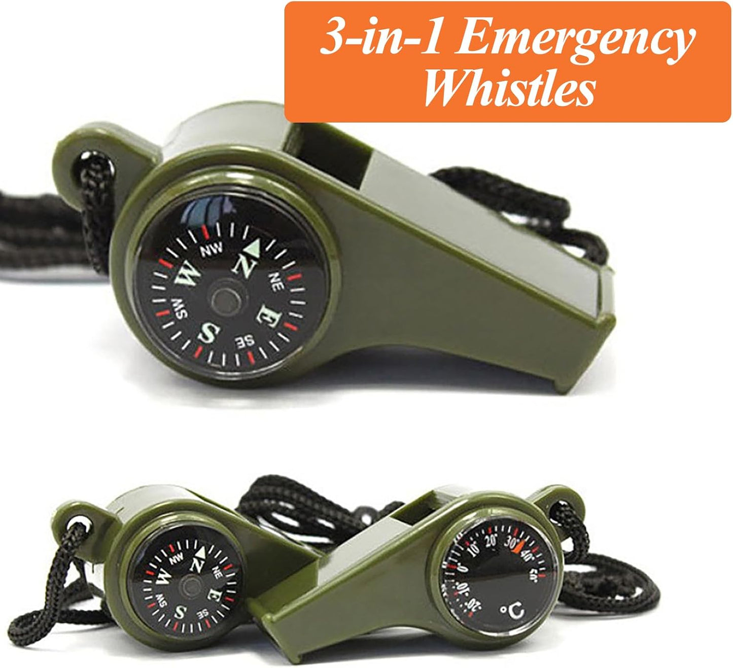 2 Pack Emergency Survival Whistle - Upgraded 3-in-1 Emergency Whistles with Compass and Thermometer/Loud Safety Whistle with Lanyard for Outdoor Hiking, Boating, Camping, Hunting, Fishing
