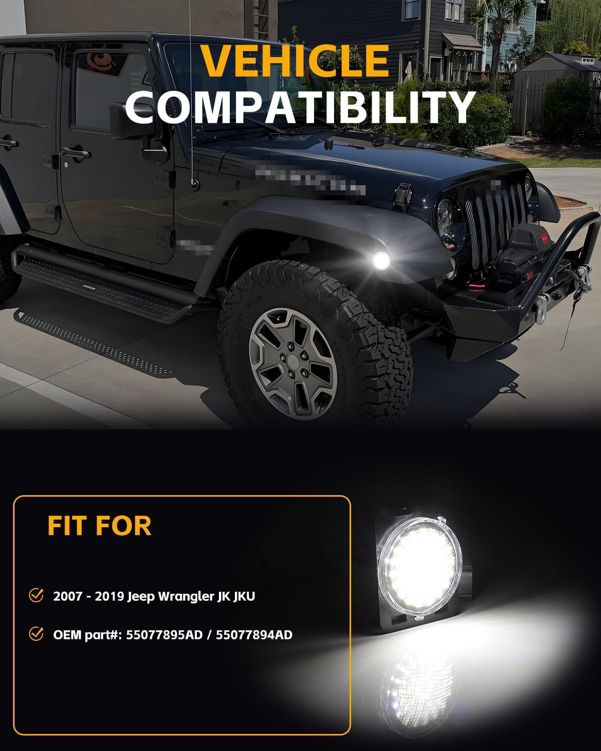 GSOWO Front Fender LED Side Marker Lights for 2007-2019 Je-ep Wrangler JK, Clear Lens Side Bumper Marker Lamps, [Super-Bright] White LED Side Markers Turn Signal Lights, 2 PCS