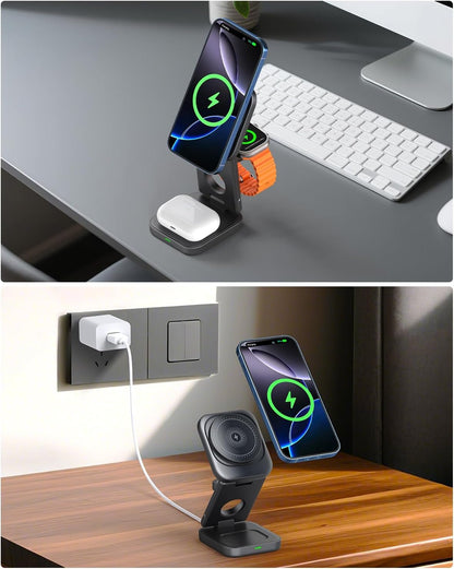 3 in 1 Wireless Charger,Magnetic Foldable Fast Wireless Charger Station Compatible with iPhone 15/14/13/12/Pro/Plus/Pro Max,5W for Apple Watch 9/8/7/6/5/4/3/2/SE/Ultra 2, AirPods 3/2/Pro (Black)