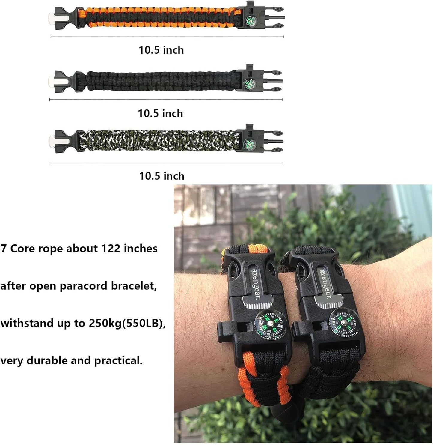 6 Pack Paracord Survival Bracelet, multitools, fire starter, compass, and whistle. Perfect for hiking, camping, fishing and hunting gear emergency kit.(Orange and black, black, army green, 2 pieces each)