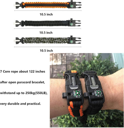 6 Pack Paracord Survival Bracelet, multitools, fire starter, compass, and whistle. Perfect for hiking, camping, fishing and hunting gear emergency kit.(Orange and black, black, army green, 2 pieces each)