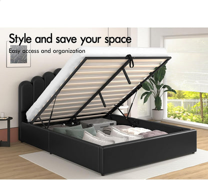 ALFORDSON Bed Frame with Gas Lift Storage Base Queen Size, Bed Platform Foundation with PU Leather Upholstered Tufted Headboard for Mattress Topper, Milton Black