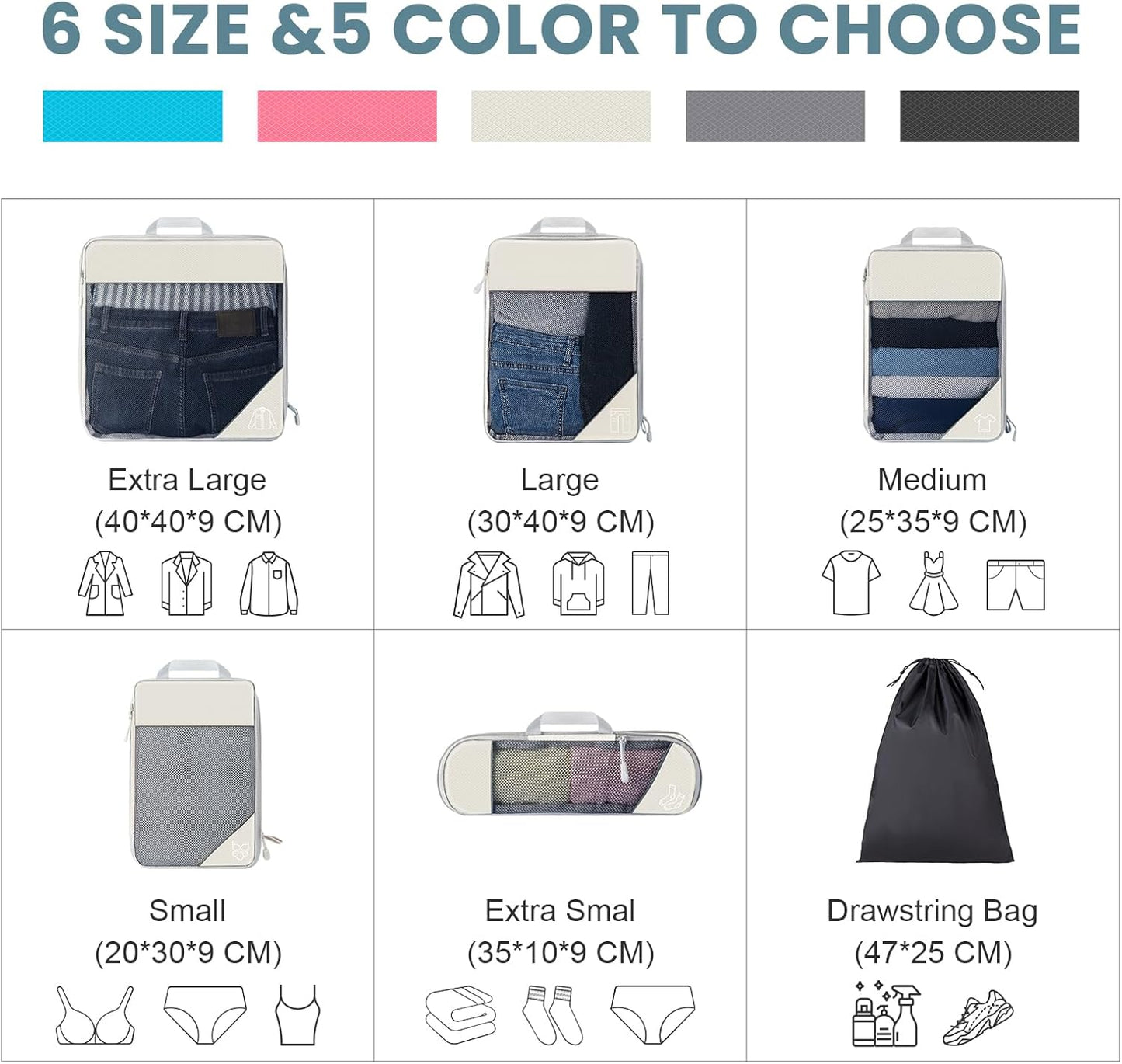 6 Set Ultralight Compression Packing Cubes Packing Organizer with Shoe Bag for Travel Accessories Luggage Suitcase Backpack Travel Accessories Cream