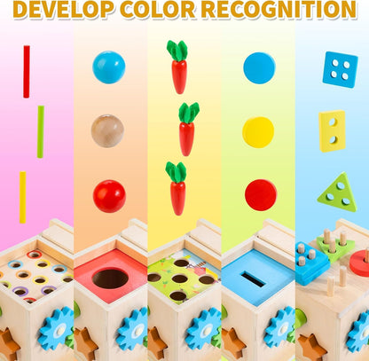 Wooden Montessori Baby Toys, 8-in-1 Wooden Play Kit Includes Object Permanent Box, Coin Box, Carrot Harvest, Shape Sorting & Stacking - Montessori Toys for Boys Girls Toddlers
