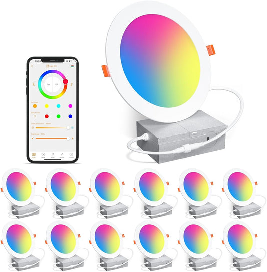 SikSog Smart Recessed Lighting 6 Inch RGBCW Color Changing 16W LED Downlight with Junction Box,1350 Lumen Recessed Ceiling Light Compatible with Alexa,Dimmable by Bluetooth Control -12Pack