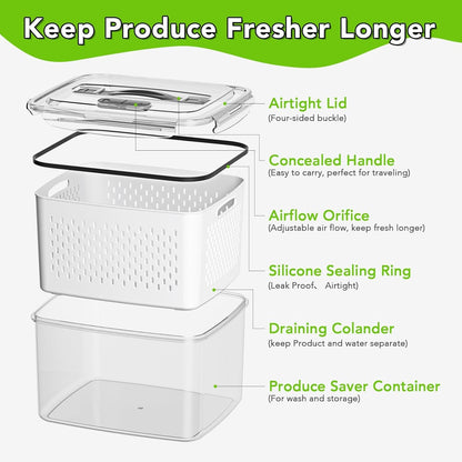 5 PCS Fruit Storage Containers for Fridge, 5 Sizes (13oz-140oz) Leakproof & Airtight with Silicone Seal, Draining Colander, Food Grade BPA-Free, Keep Fruits Vegetables Fresh for Camping, Kitchen