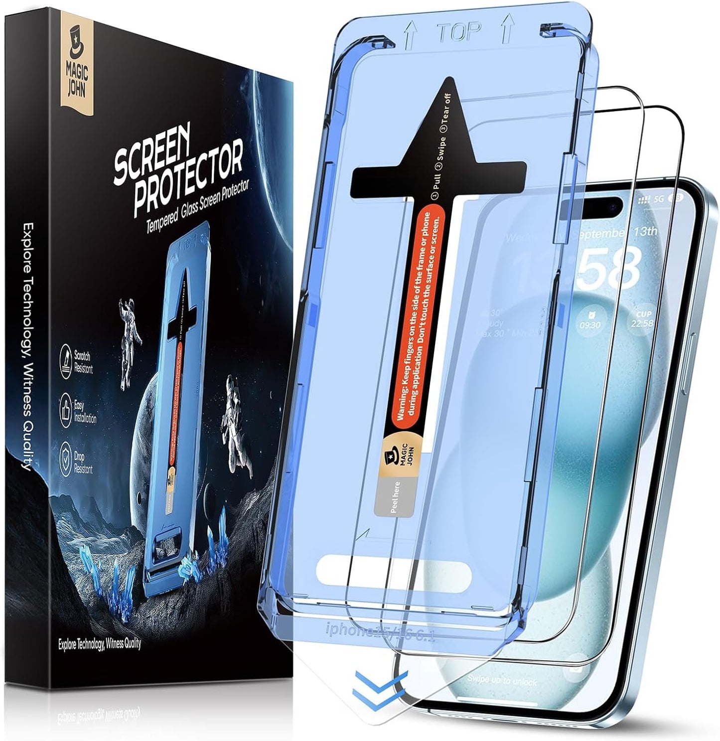 MAGIC JOHN 2 Pack for iPhone 15 Tempered Glass Screen Protector 6.1 inch, Auto Dust-Elimination Installation,Dynamic Island Compatible, HD Clear, Easy Installation