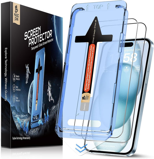 MAGIC JOHN 2 Pack for iPhone 15 Tempered Glass Screen Protector 6.1 inch, Auto Dust-Elimination Installation,Dynamic Island Compatible, HD Clear, Easy Installation