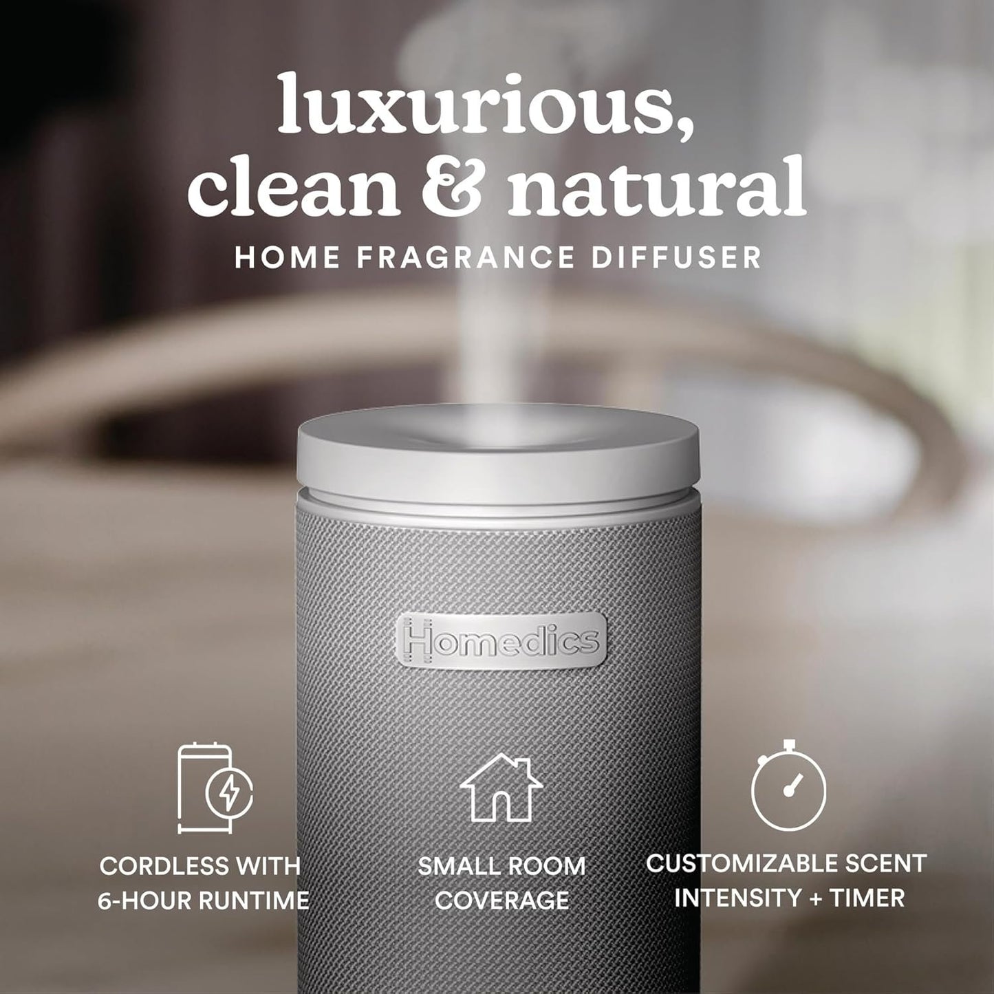 Homedics SereneScent Mini Fabric Rechargeable Waterless Diffuser, Cordless Aromatherapy Device, Use with SereneScent Oil 15ml (Sold Separately), Adjustable Mist Intensity & Ambient Light, Gray