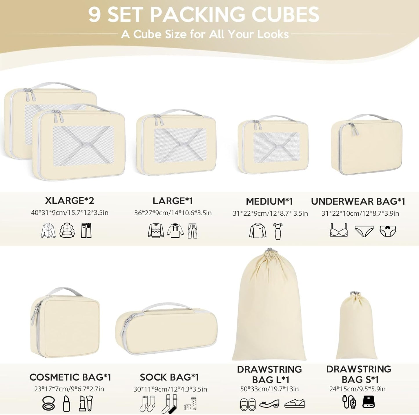 Avmvnvc 9-Piece Suitcase Organiser Set, 9 in 1 Travel Organizer, Space-Saving Suitcase, Travel Cube System for Clothes, Shoes, Cosmetics, Beige