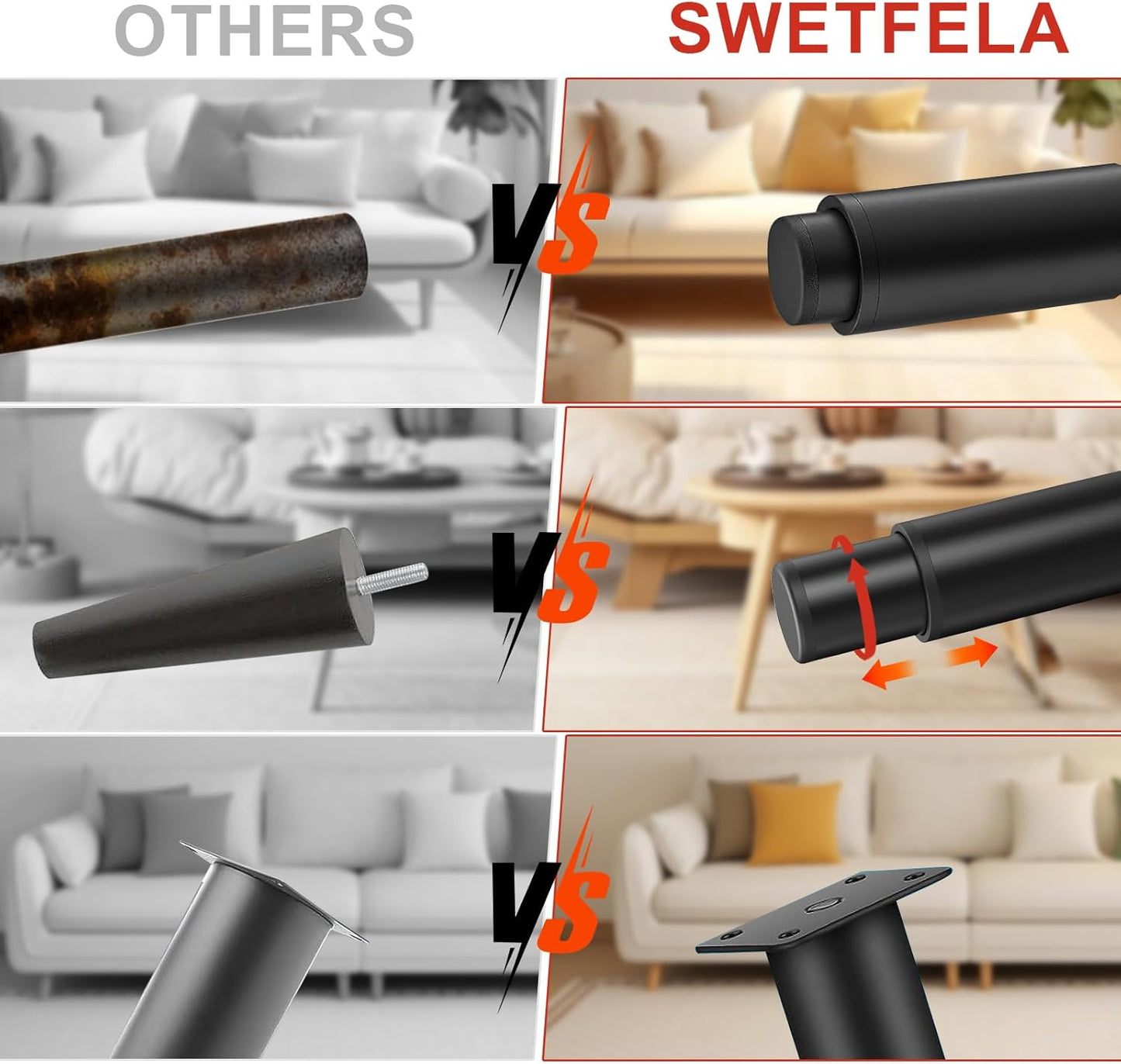Swetfela 4 Pieces Furniture Feet, 25-45 cm Metal Adjustable Furniture Feet, Bed Feet Table Legs, Black Adjustable Feet for TV Cabinet, Universal Adjustable Bed Feet